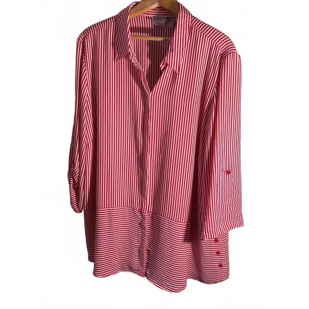 Chico's Red and White Striped Button-Up Shirt/Tunic Size 3 New